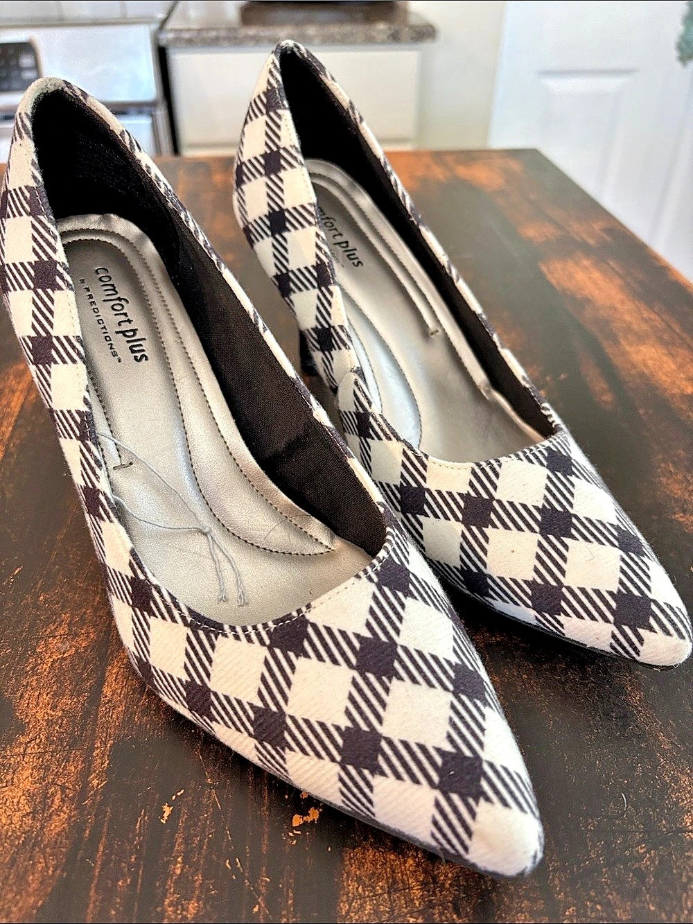 Comfort Plus Plaid Pointed-Toe Heels in Black & White